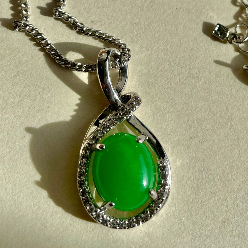 Simulated jade and rhinestone teardrop necklace